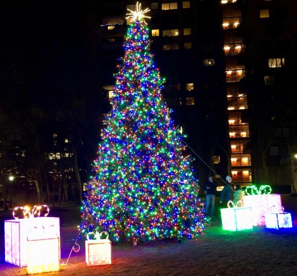 "Sending best wishes to all our residents..." -- RIOC President Susan Rosenthal Roosevelt Island community holiday tree, 2018.